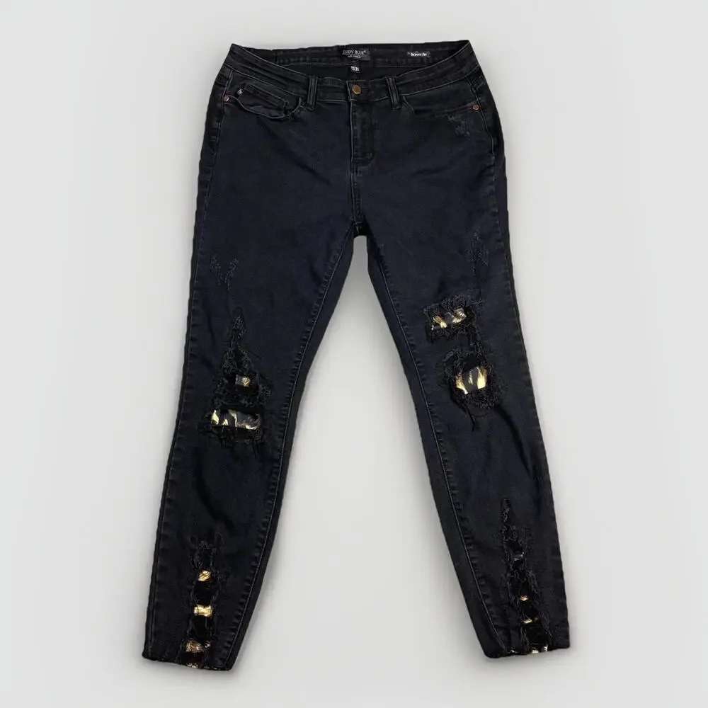 Judy Blue Skinny Fit Jeans 13/31 Mid Rise Destroyed Leopard Patch Denim Black